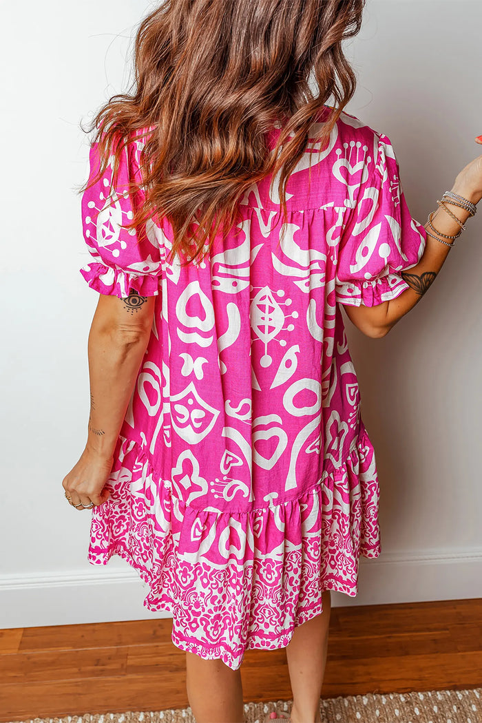 Boho Mixed Print Contrast Trim V Neck Flared Dress – Rose