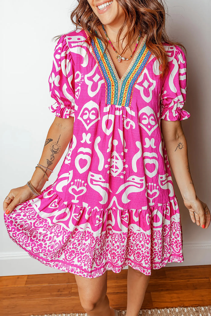 Boho Mixed Print Contrast Trim V Neck Flared Dress – Rose