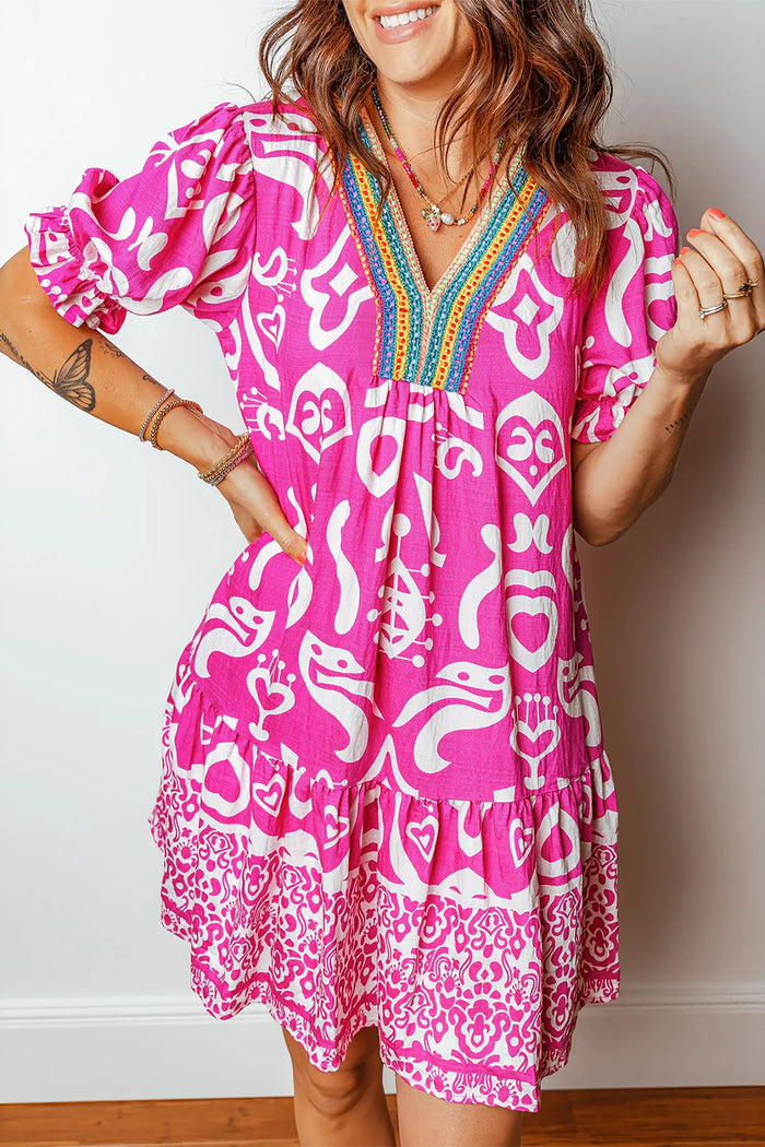 Boho Mixed Print Contrast Trim V Neck Flared Dress – Rose