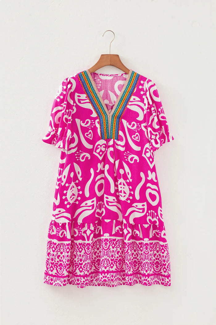 Boho Mixed Print Contrast Trim V Neck Flared Dress – Rose