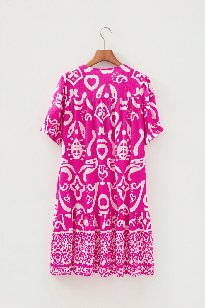 Boho Mixed Print Contrast Trim V Neck Flared Dress – Rose