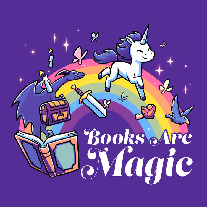 Premium Cotton T-shirt_TeeTurtle purple Books Are Magic(Unicorn) apparel featuring a rainbow, unicorn, dragon, and other mythical items coming out of a book. Caption reads, "books are magic".