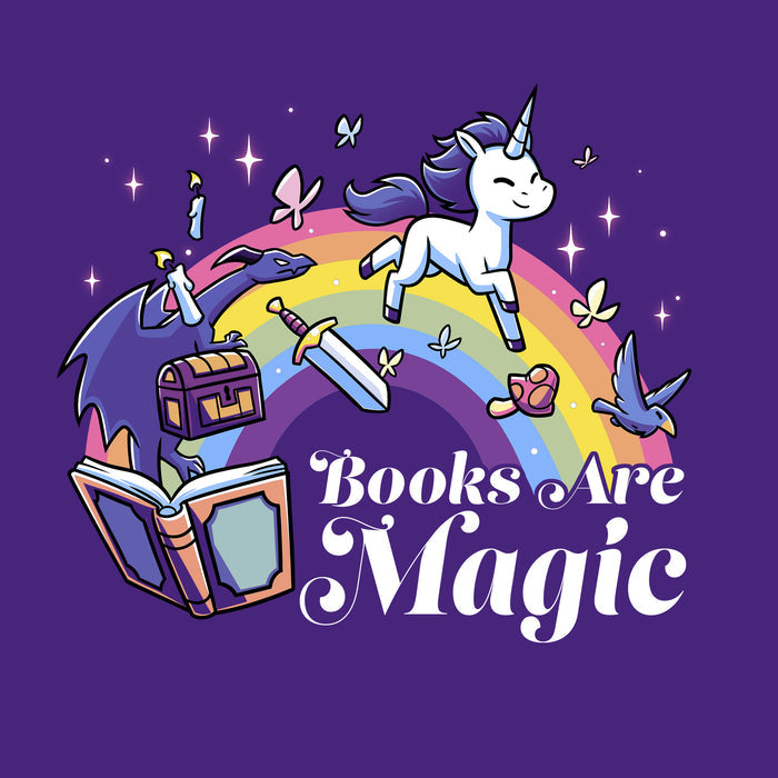 Classic Cotton T-shirt_TeeTurtle purple Books Are Magic(Unicorn) apparel featuring a rainbow, unicorn, dragon, and other mythical items coming out of a book. Caption reads, "books are magic".