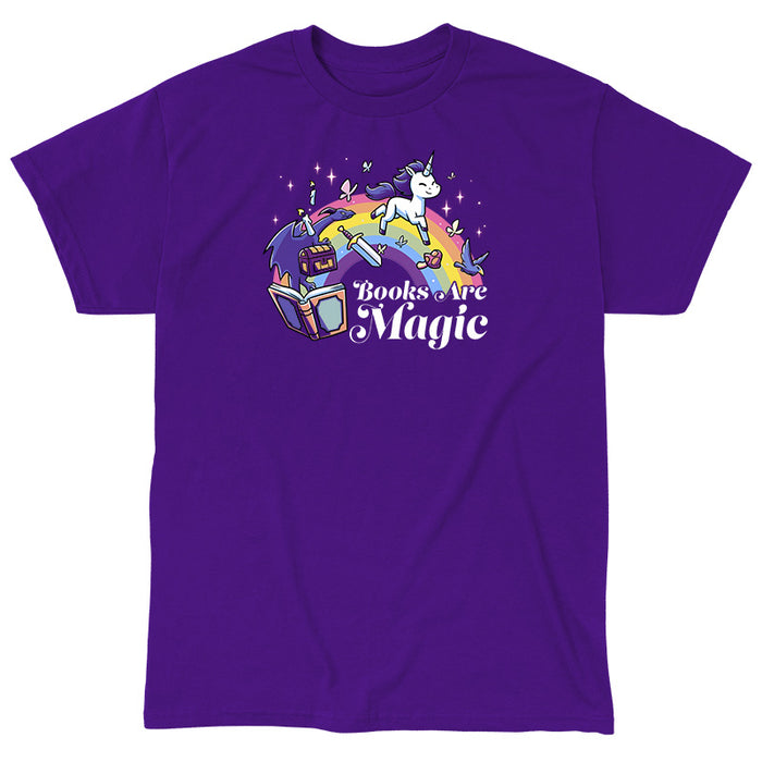 Classic Cotton T-shirt_TeeTurtle purple Books Are Magic(Unicorn) apparel featuring a rainbow, unicorn, dragon, and other mythical items coming out of a book. Caption reads, "books are magic".