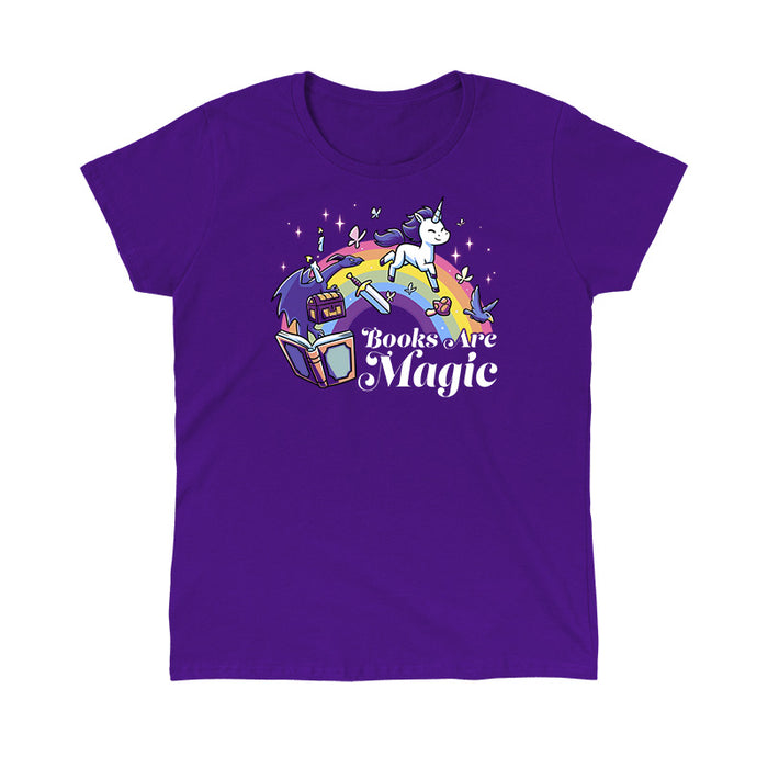 Classic Cotton T-shirt_TeeTurtle purple Books Are Magic(Unicorn) apparel featuring a rainbow, unicorn, dragon, and other mythical items coming out of a book. Caption reads, "books are magic".
