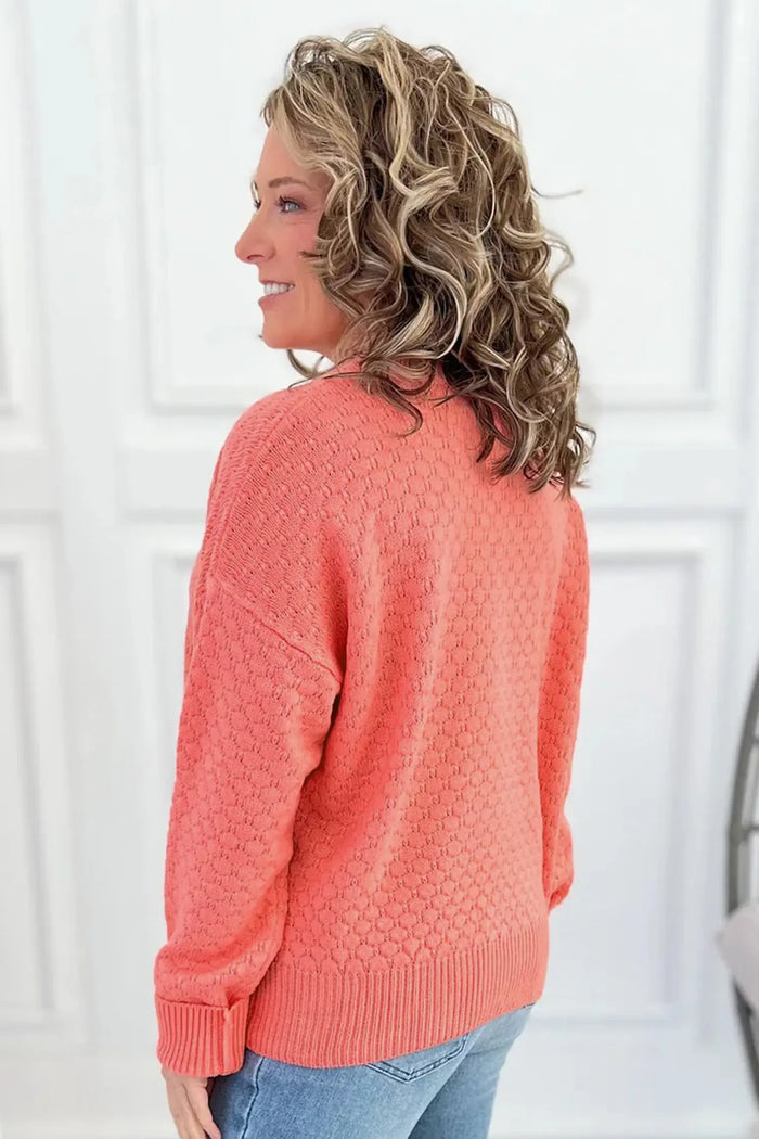 Breathable Patterned Knit Drop Shoulder Pullover Sweater – Coral Paradise