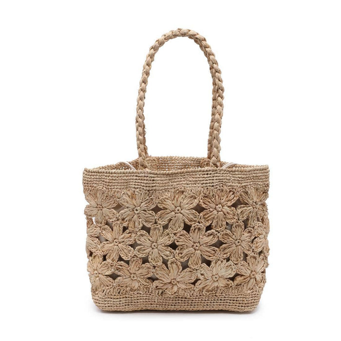 Natural woven tote bag featuring an open floral crochet design, braided shoulder straps, and a structured rectangular silhouette. Crafted in a natural raffia-style material with intricate flower detailing and a lightweight, beach-inspired look.