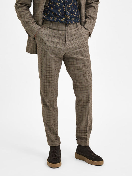 Brown Mid Rise Check Formal Trousers