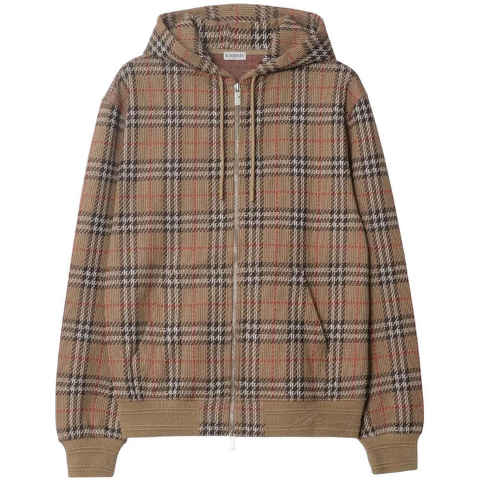 Burberry brown hoodie with Nova Check pattern and full zip, cotton blend material.