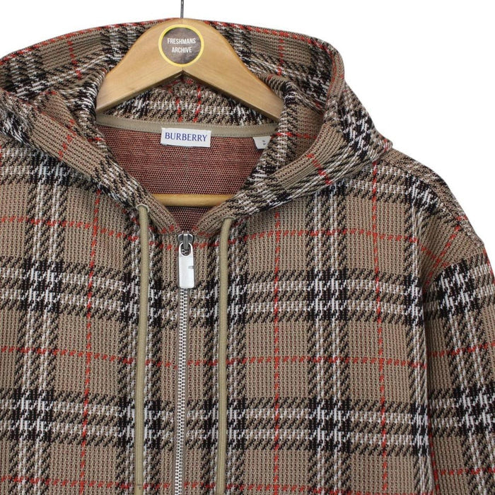 Burberry brown hoodie with Nova Check pattern and full zip, cotton blend material.