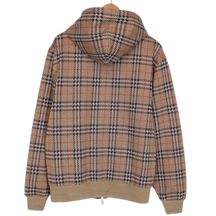 Burberry brown hoodie with Nova Check pattern and full zip, cotton blend material.