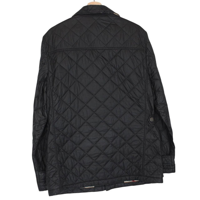 Burberry black quilted field jacket with Nova Check lining and diamond pattern.
