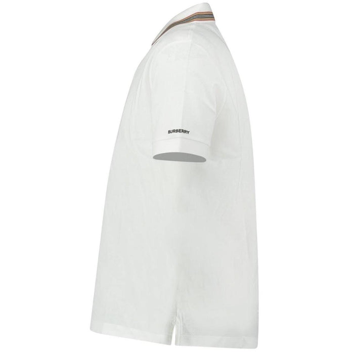 Burberry white polo shirt with striped check collar and cotton material.