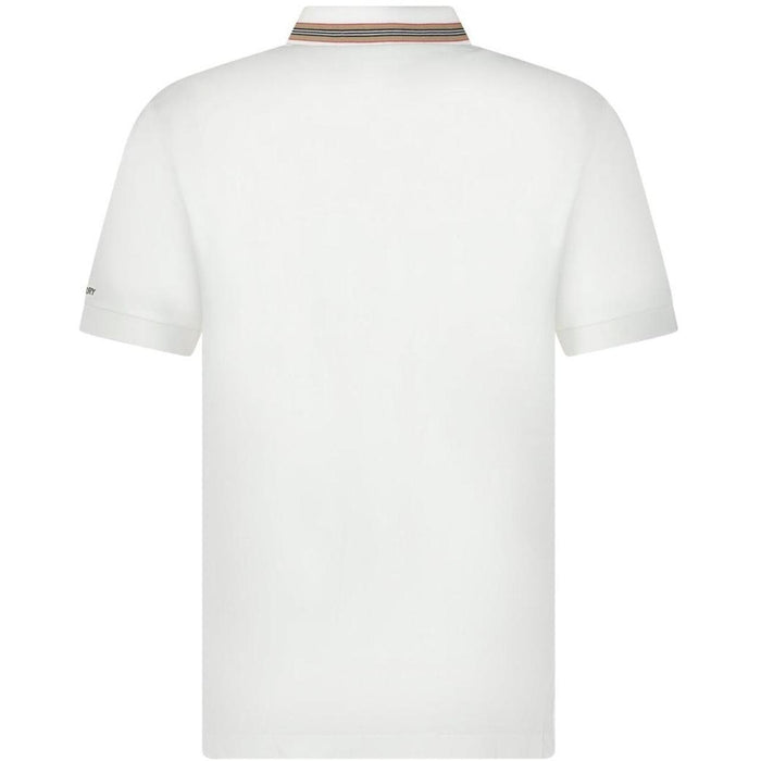 Burberry white polo shirt with striped check collar and cotton material.