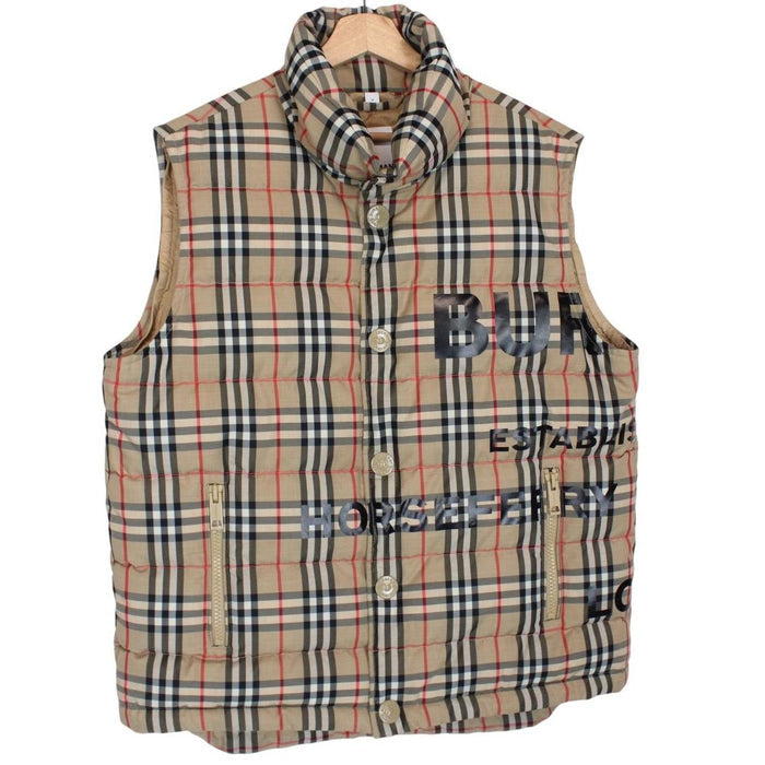 Burberry tan brown down gilet with Nova Check pattern and logo detail.