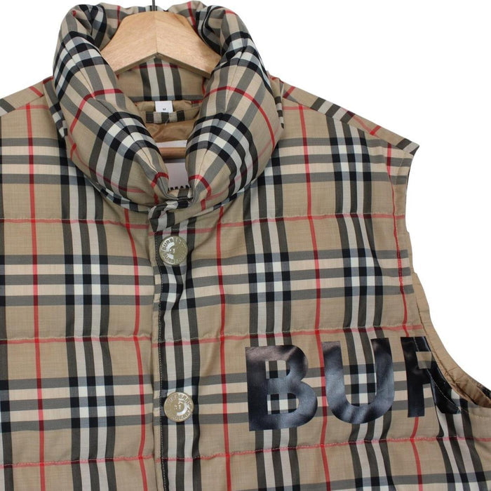 Burberry tan brown down gilet with Nova Check pattern and logo detail.