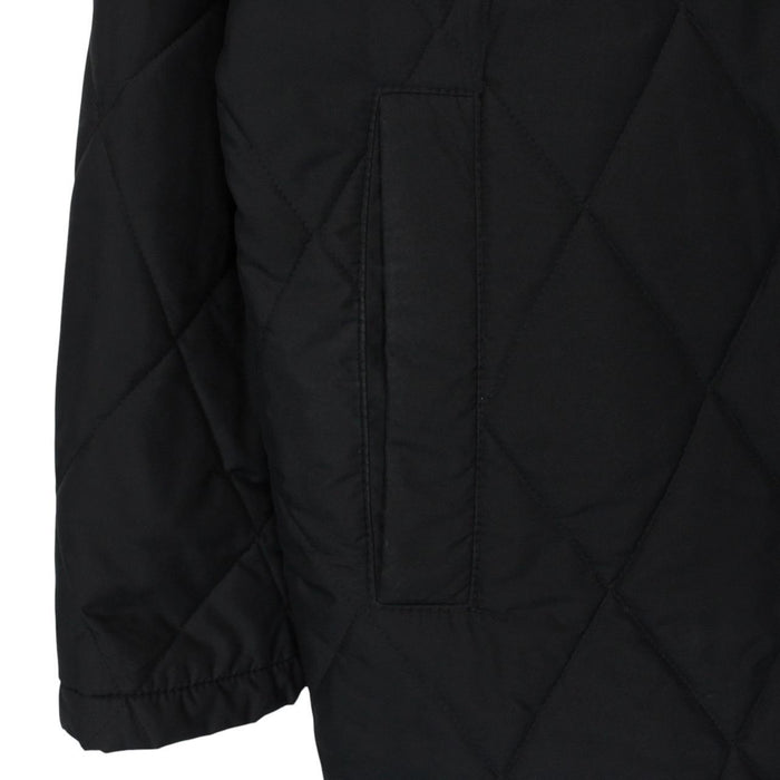 Burberry black coat with Nova Check lining and diamond quilted pattern.