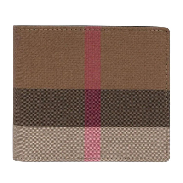 Burberry brown bifold wallet featuring iconic Nova Check pattern and coin pouch.