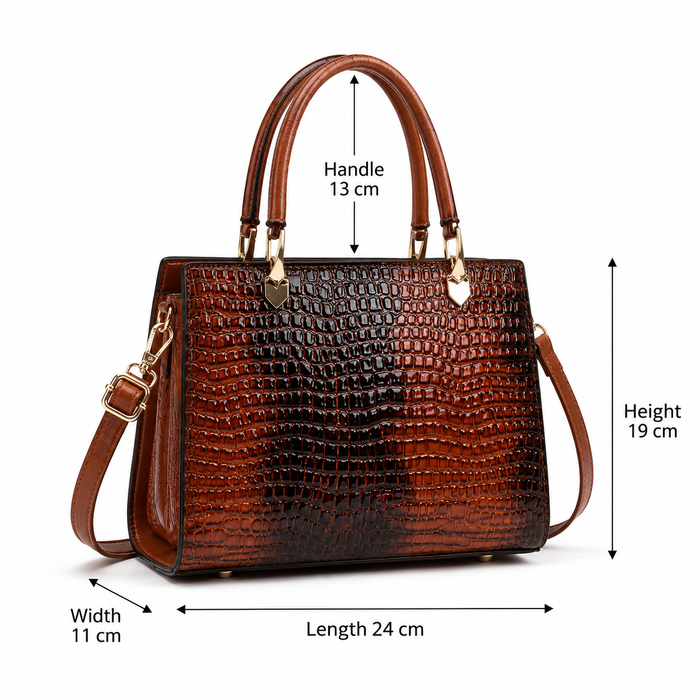 Brown textured handbag with measurements on a white background