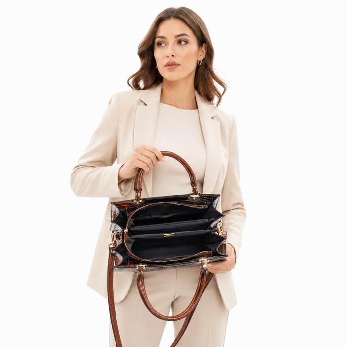 Business tote bag flat lay with wallet, keys and workday accessories