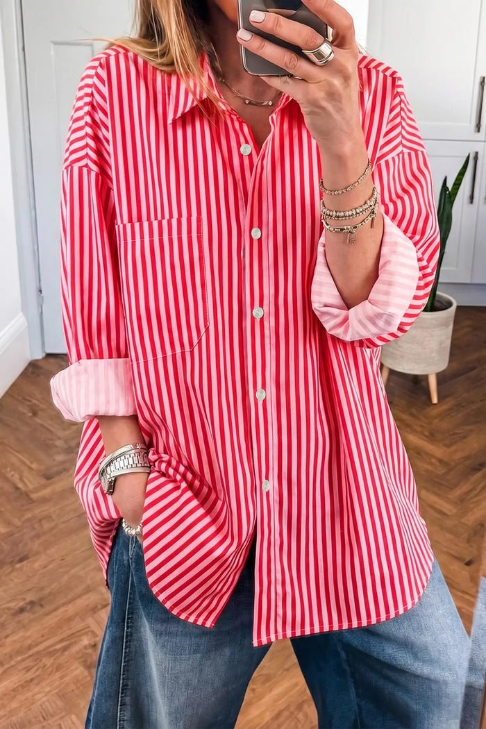 Button-Up Shirt Long Sleeve Patch Pocket Casual Shirt – Red Stripe
