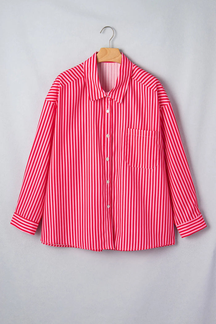 Button-Up Shirt Long Sleeve Patch Pocket Casual Shirt – Red Stripe