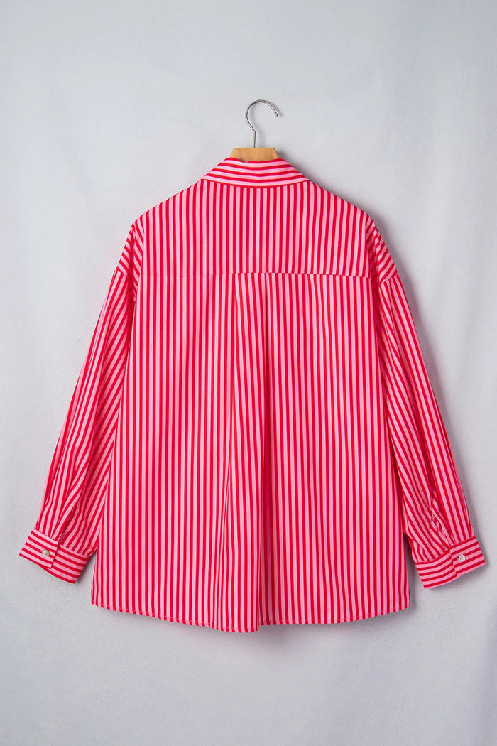 Button-Up Shirt Long Sleeve Patch Pocket Casual Shirt – Red Stripe