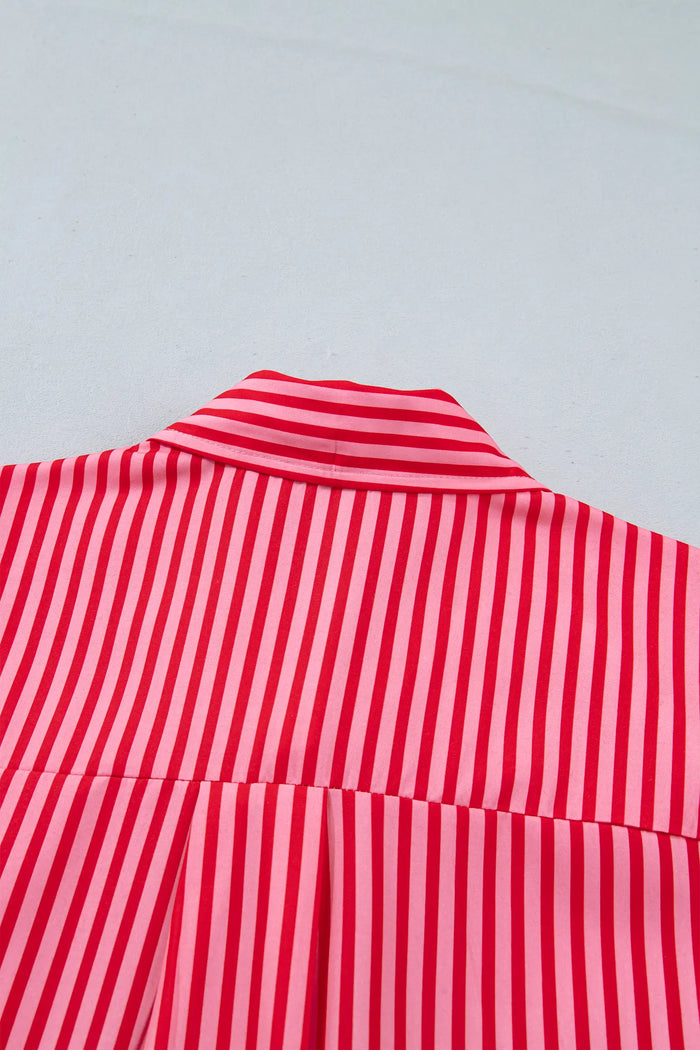 Button-Up Shirt Long Sleeve Patch Pocket Casual Shirt – Red Stripe