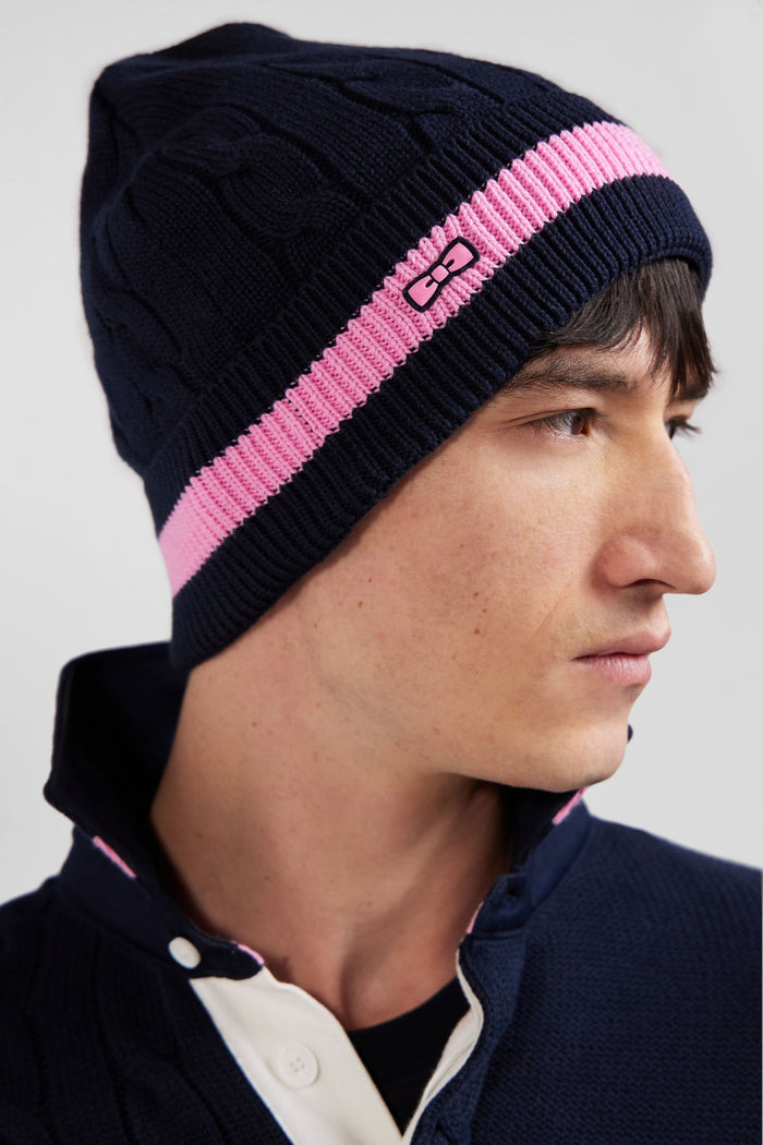 Cable Knitted Cotton Beanie in Navy