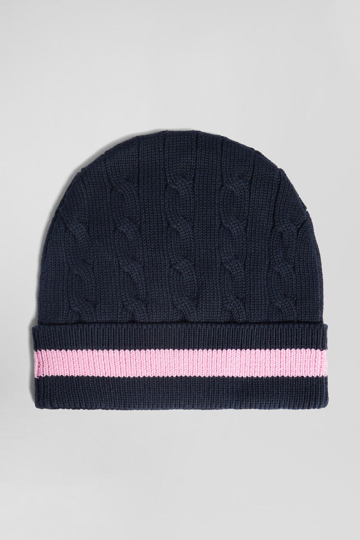 Cable Knitted Cotton Beanie in Navy