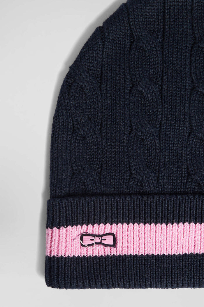 Cable Knitted Cotton Beanie in Navy