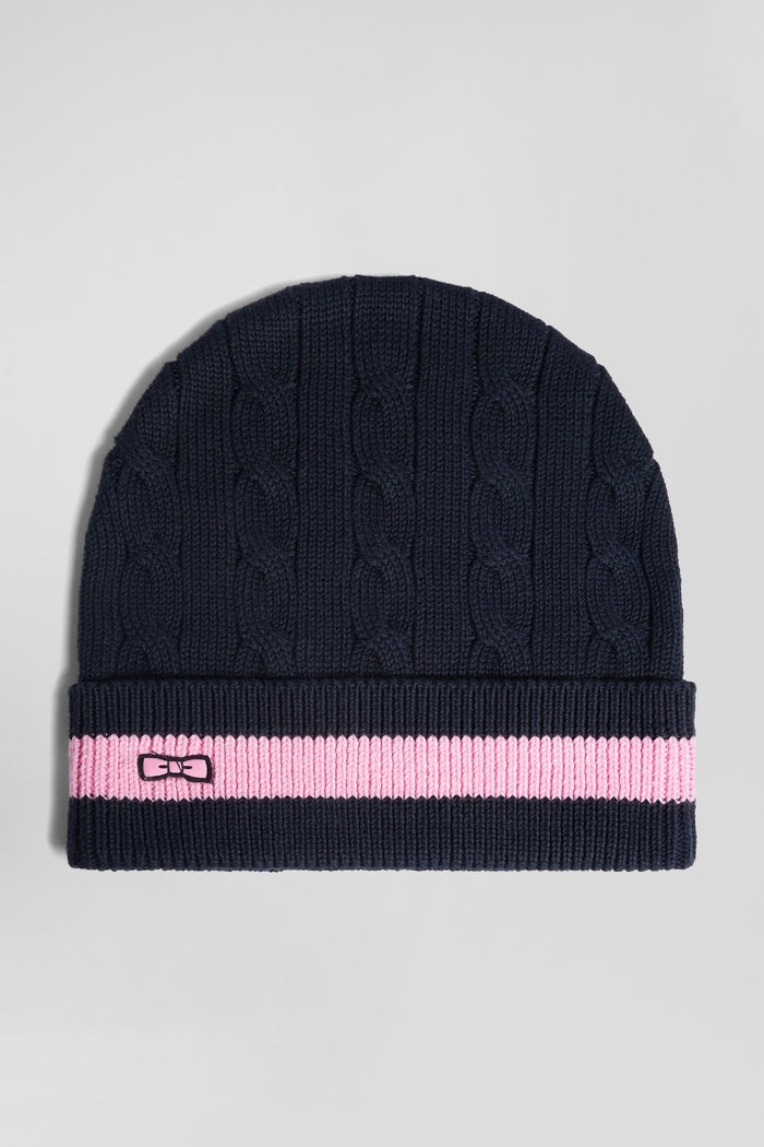 Cable Knitted Cotton Beanie in Navy