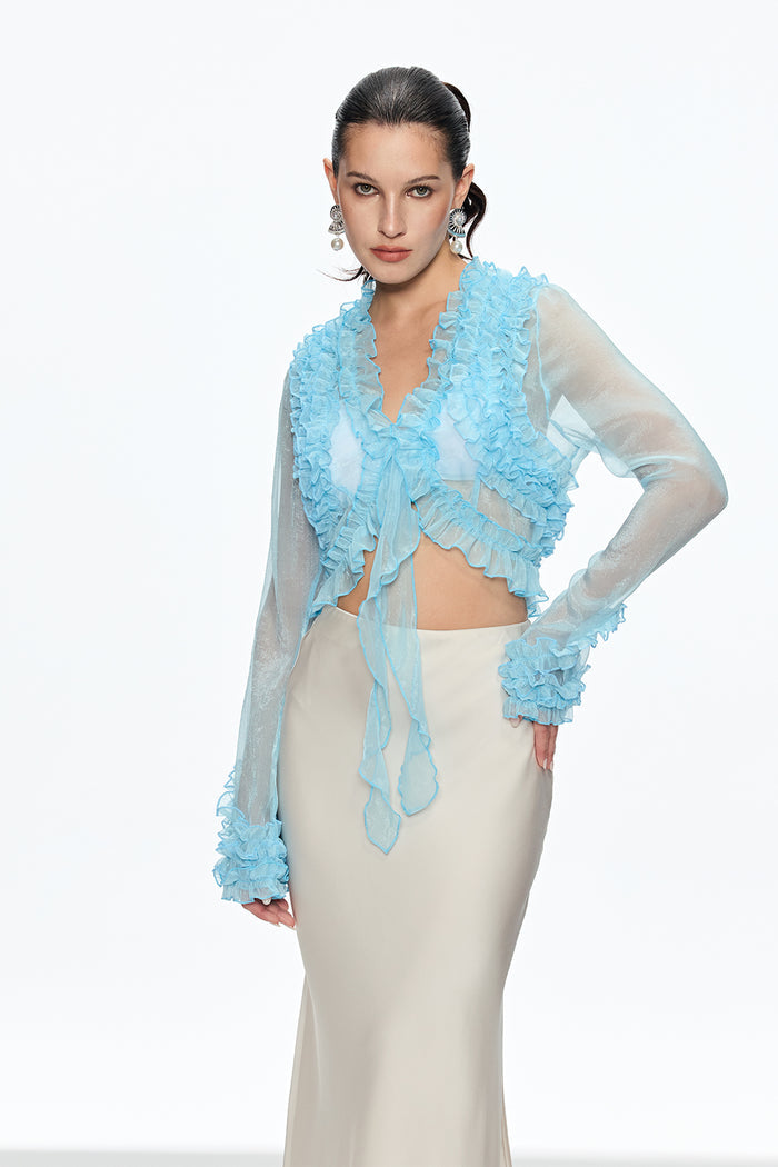 Caesonius Ruffle Plunge Lace Up Top
