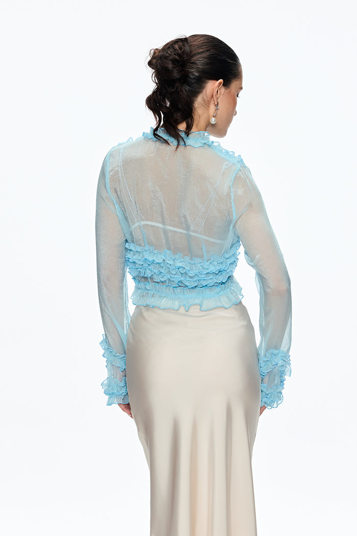 Caesonius Ruffle Plunge Lace Up Top