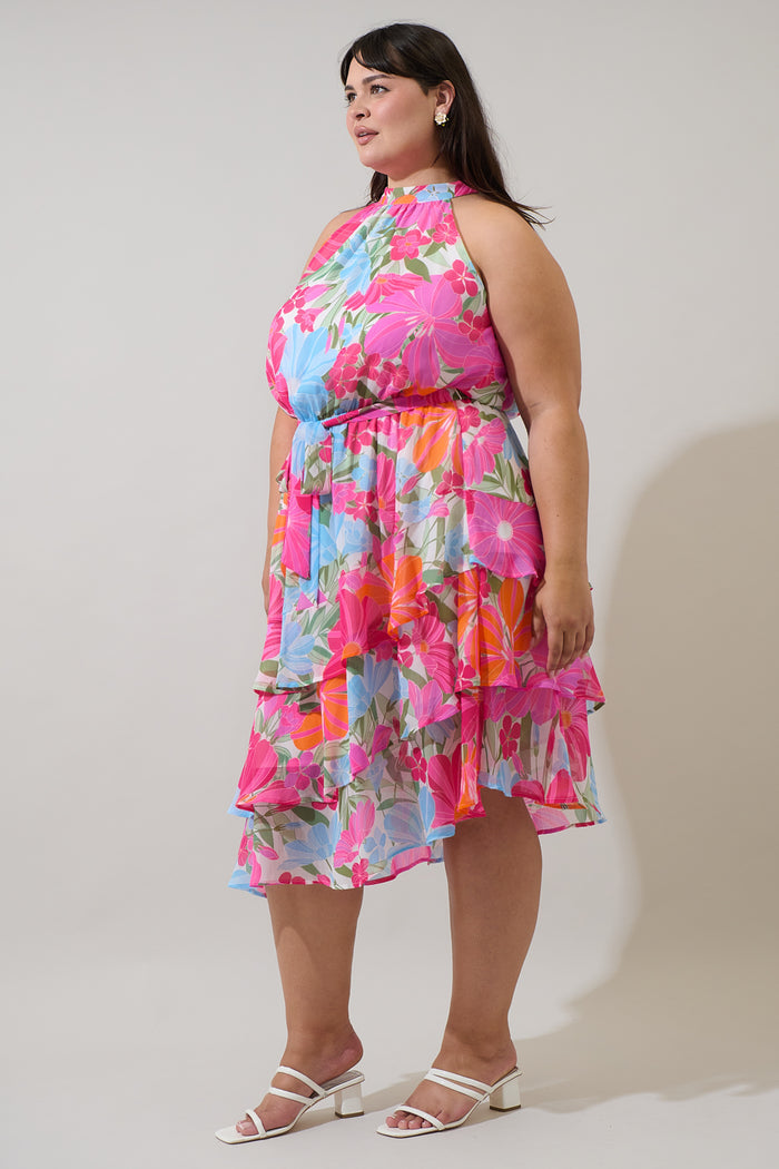 Calista Floral Ivone Ruffle Midi Dress Curve