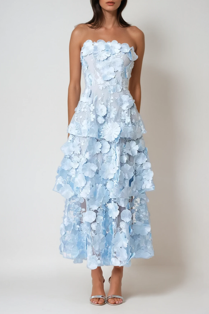 Camelia Strapless Embroidered Flower Maxi Dress In Blue