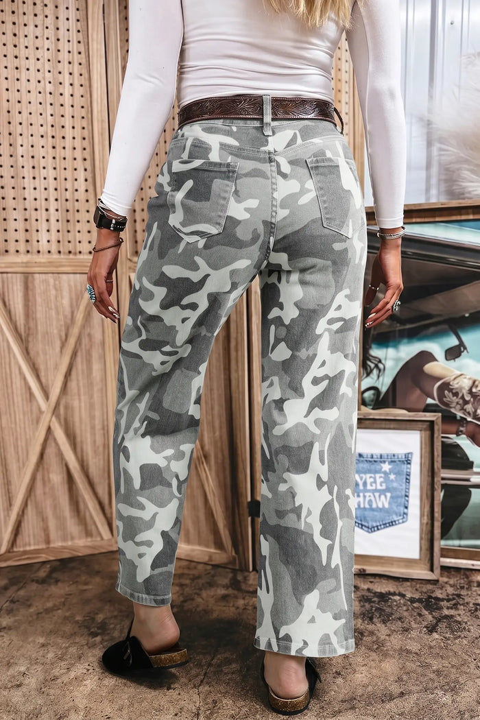Camo Pattern Cotton Denim Shift Jeans – Green