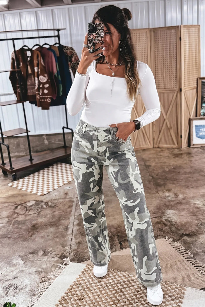 Camo Pattern Cotton Denim Shift Jeans – Green