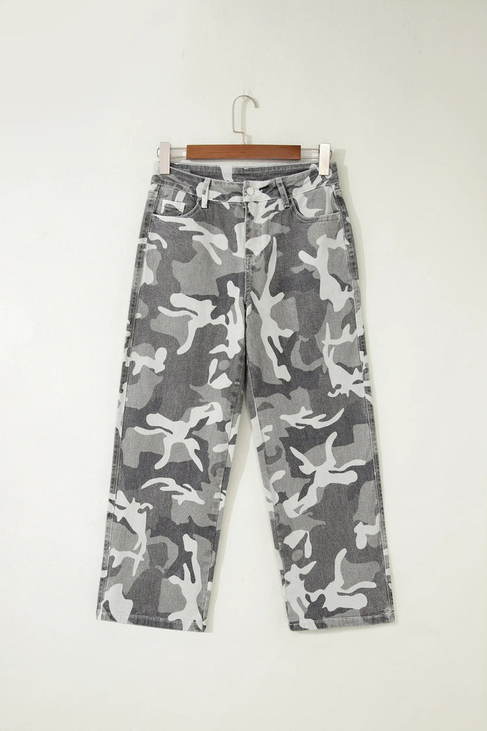 Camo Pattern Cotton Denim Shift Jeans – Green