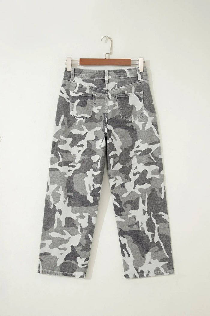 Camo Pattern Cotton Denim Shift Jeans – Green