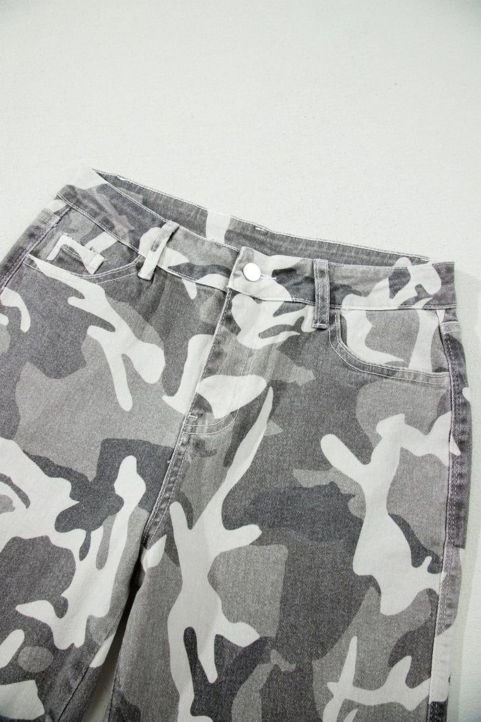 Camo Pattern Cotton Denim Shift Jeans – Green
