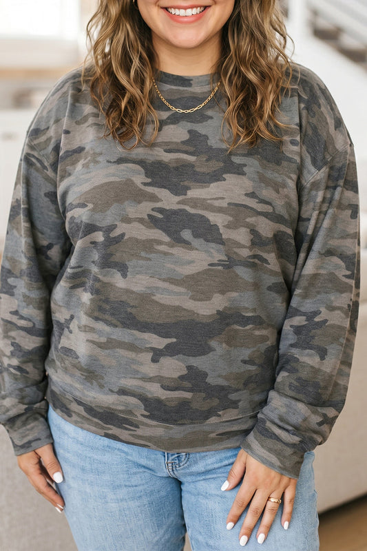 Camo Print Long Sleeve Plus Size Blouse – Green