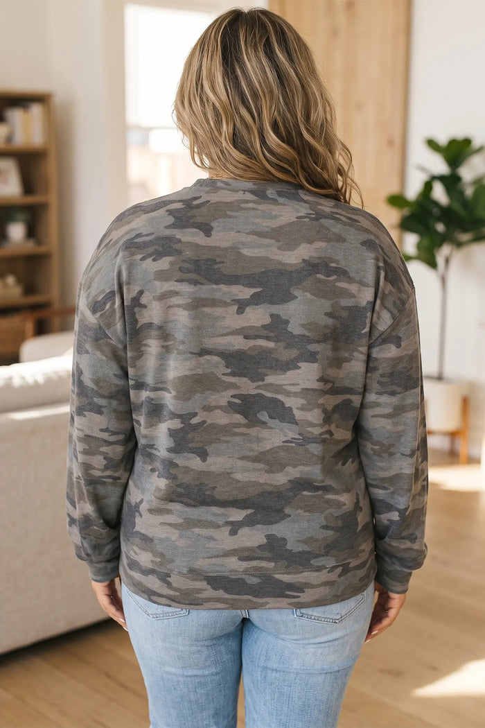 Camo Print Long Sleeve Plus Size Blouse – Green