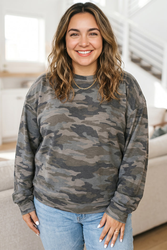 Camo Print Long Sleeve Plus Size Blouse – Green