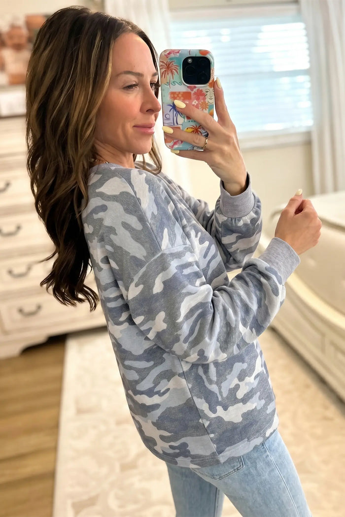 Camouflage Long Sleeve Round Neck Shift Pullover Top – Multicolour