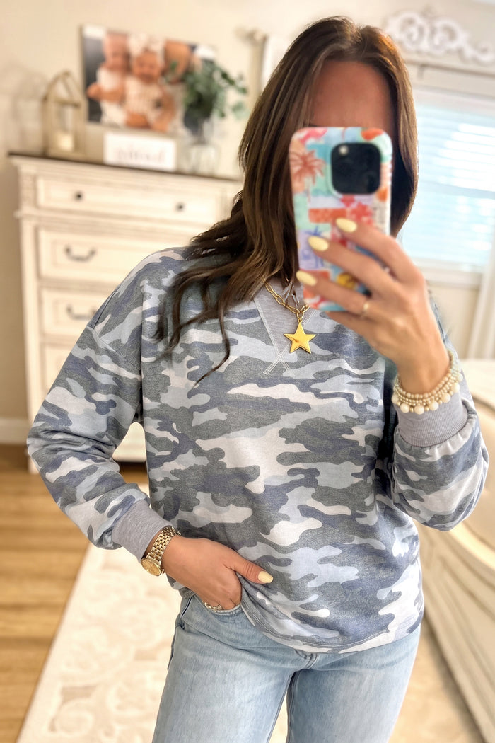 Camouflage Long Sleeve Round Neck Shift Pullover Top – Multicolour