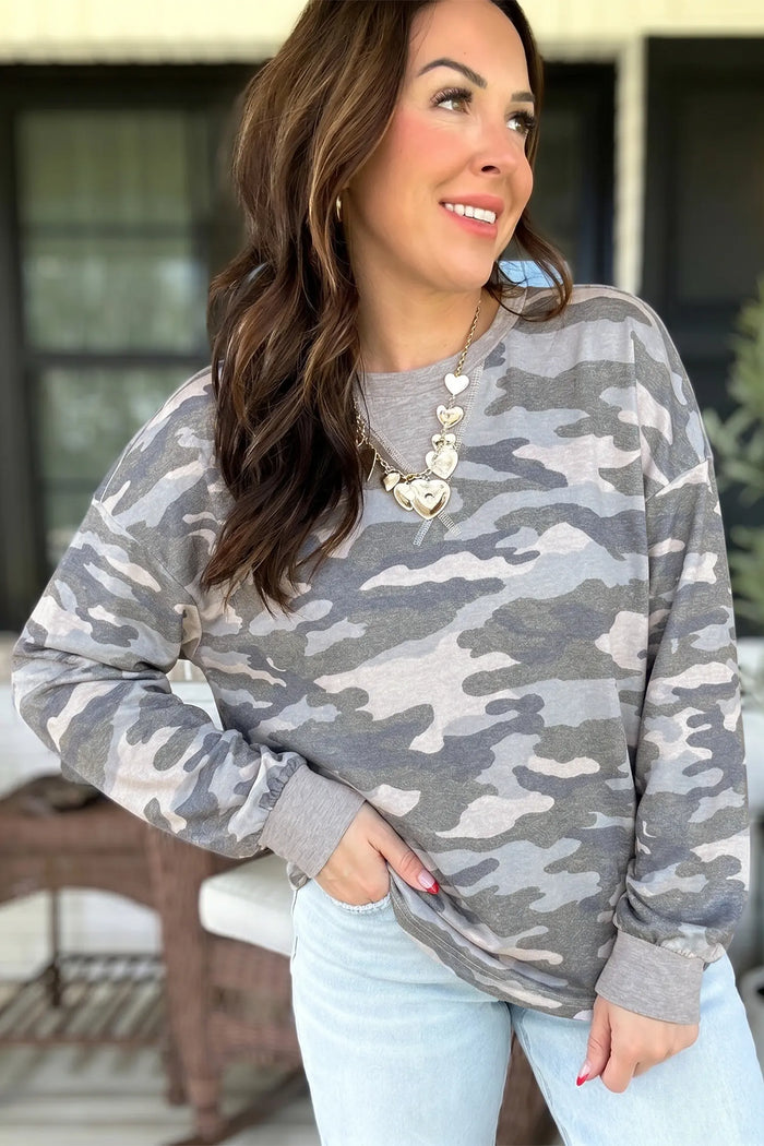 Camouflage Long Sleeve Round Neck Shift Pullover Top – Multicolour