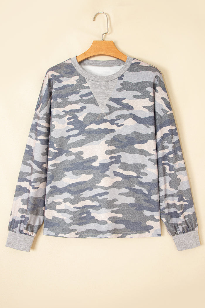 Camouflage Long Sleeve Round Neck Shift Pullover Top – Multicolour