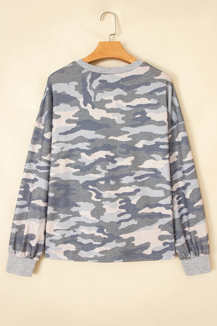 Camouflage Long Sleeve Round Neck Shift Pullover Top – Multicolour
