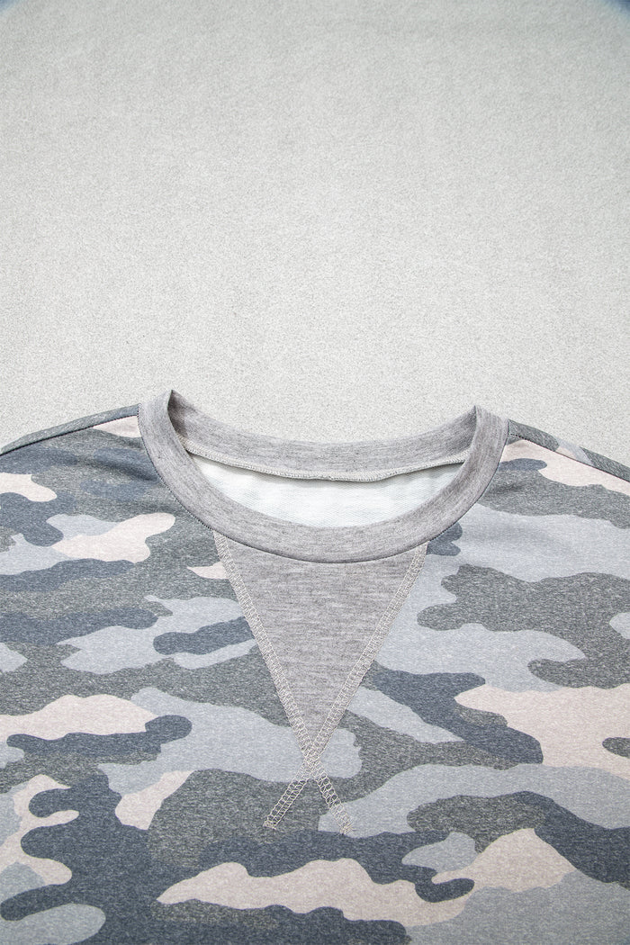 Camouflage Long Sleeve Round Neck Shift Pullover Top – Multicolour